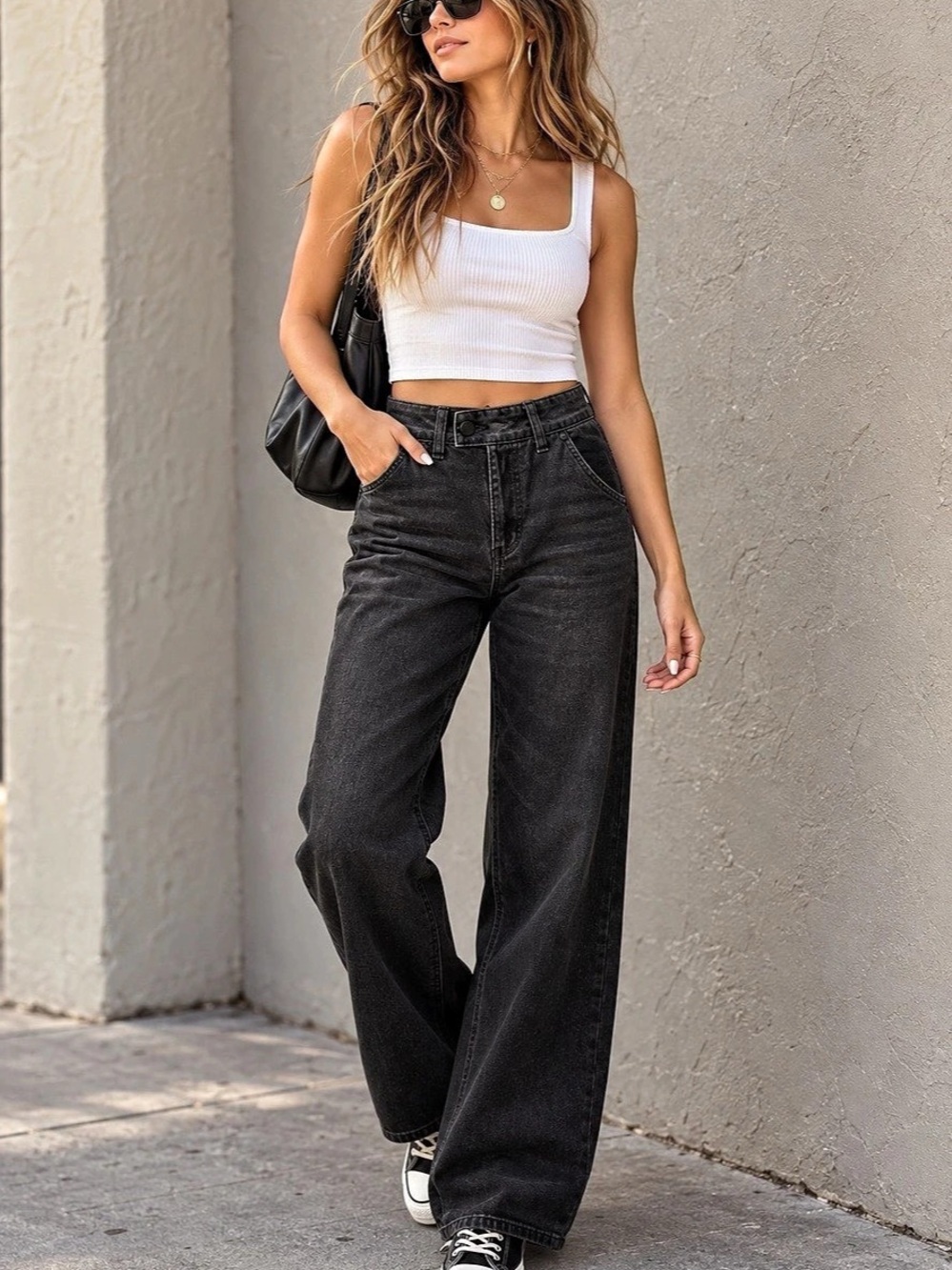 Oat New York Washed Black High Rise Wide Leg Denim Jeans
